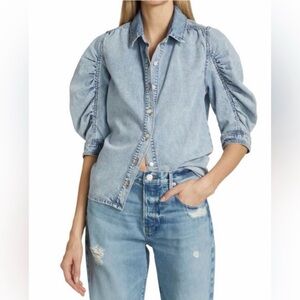FRAME Gillian Denim Puff Sleeve Button Down Ruched Short Sleeve Shirt Size XL